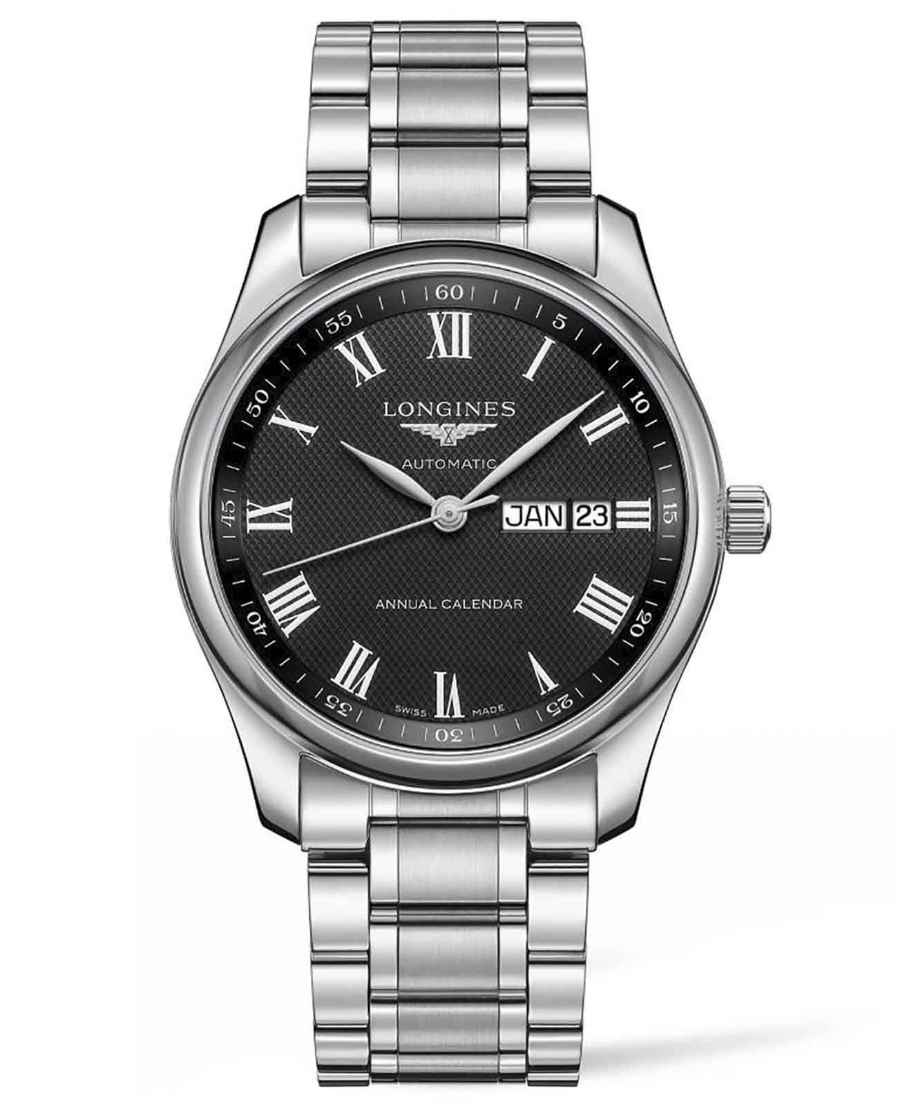 Longines Longines Master Collection L2.910.4.51.6  L29104516 механические мужские часы черный циферблат, браслет нержавеющая сталь — вид спереди